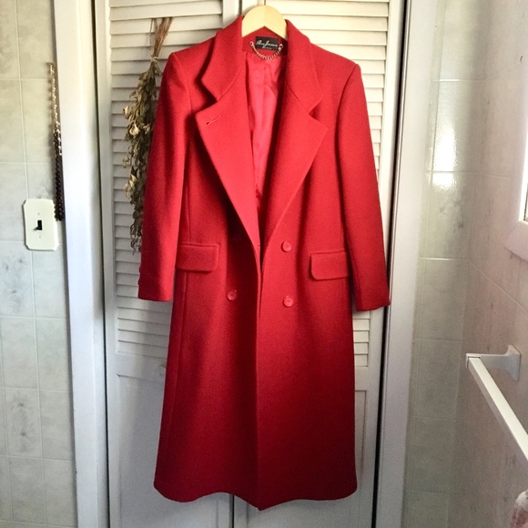 {Vintage} 100% Red Wool Long Double Breasted Coat - Picture 2 of 8